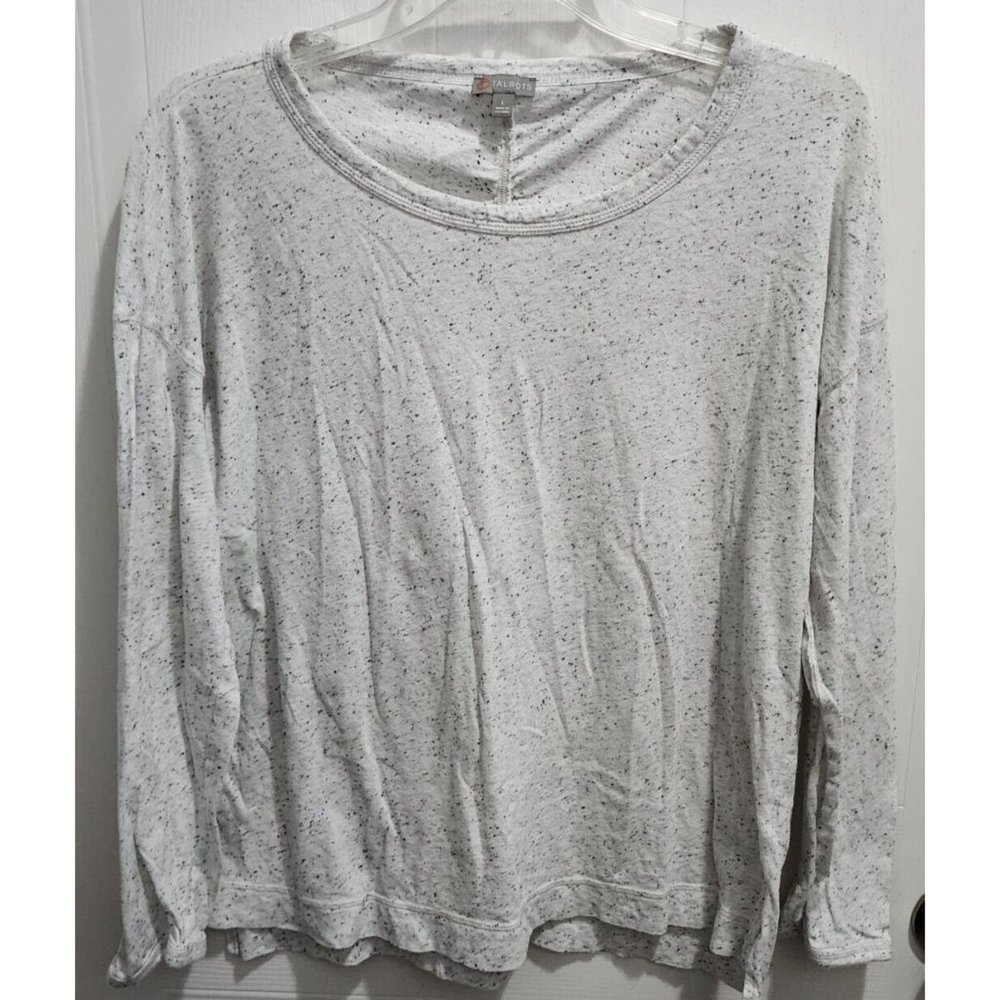 T by Talbots Womens Long Sleeve Top Cotton Blend White/Black Speckled Size Large